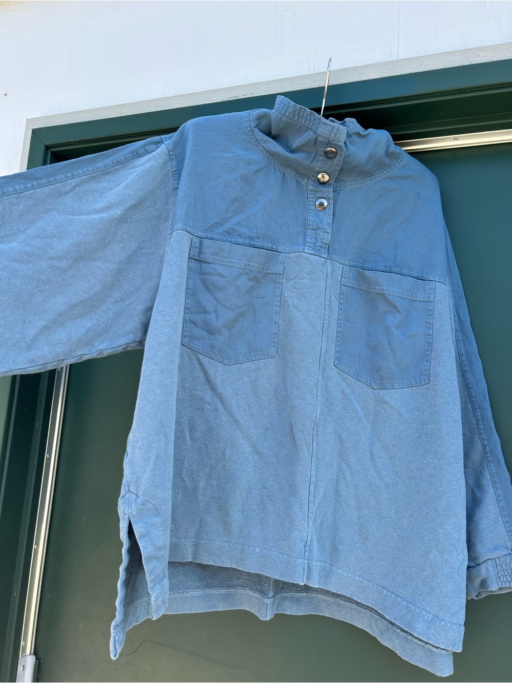 Wrap London Dusty Blue Button-Neck Tunic with Patch Pockets organic cotton - Picture 2 of 13